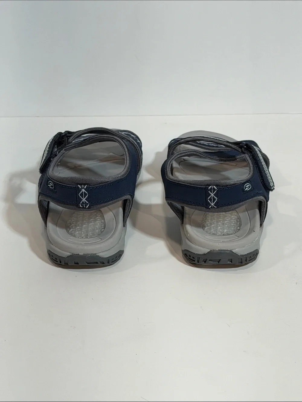 Dr Scholls Size 6.5 Navy Gray Strappy Walking Sandals Gel Heel Cushion Comfort